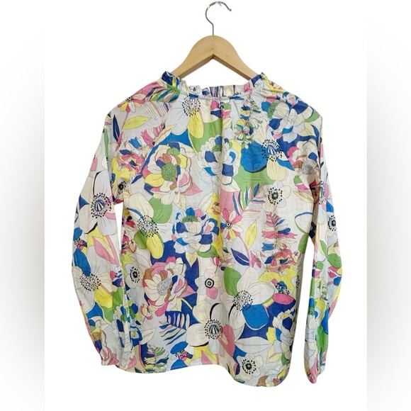Talbots Blouse Ruffle S Trim Popover Top Colorful Floral Cotton Long Sleeve NWT - Picture 7 of 9